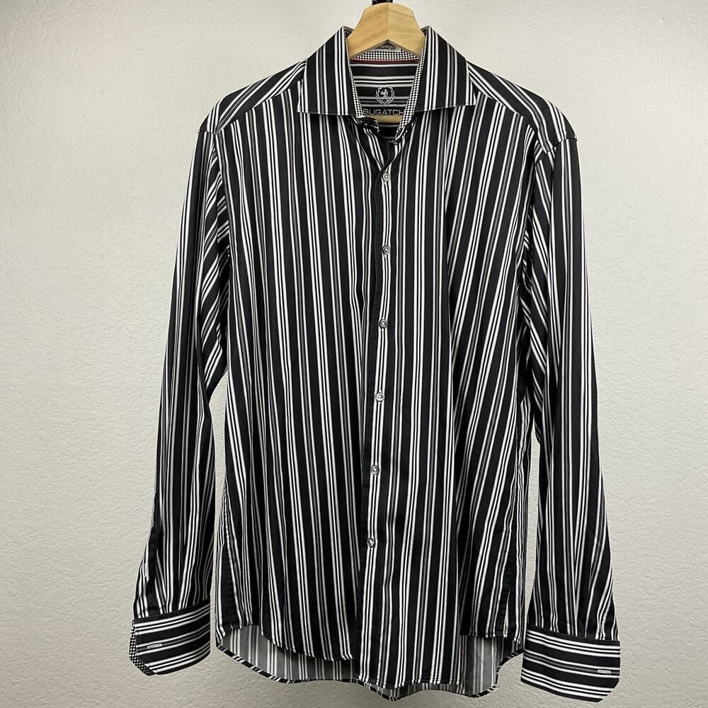 Bugatchi Uomo Mens L Black Gray Striped Shaped Fit Flip Cuff Button Up Shirt